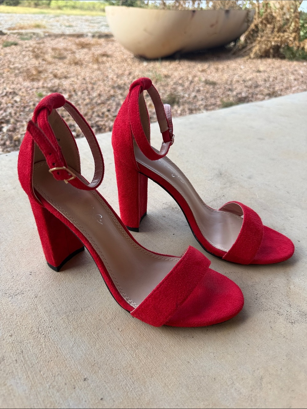 Red Suede Block Heel Ankle Strap Sandals - Women